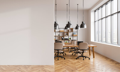 Minimalist office interior with empty white wall, wooden floor, modern furniture, and large windows. Perfect mockup layout for poster or design display. 3D Rendering