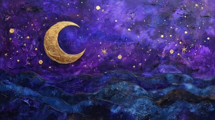 Night sky, crescent moon, textured landscape