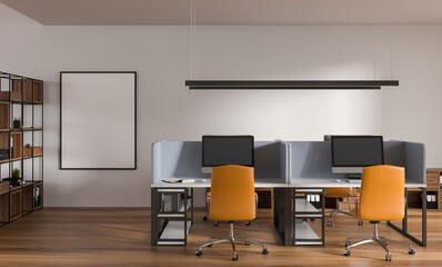 Contemporary office interior featuring a blank poster mockup on a clean white wall, modern workstations with bright chairs, 3D Rendering