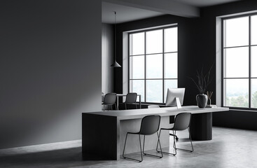 Contemporary office interior design featuring minimalist furniture, clean lines, large windows, and a concrete floor. 3D Rendering