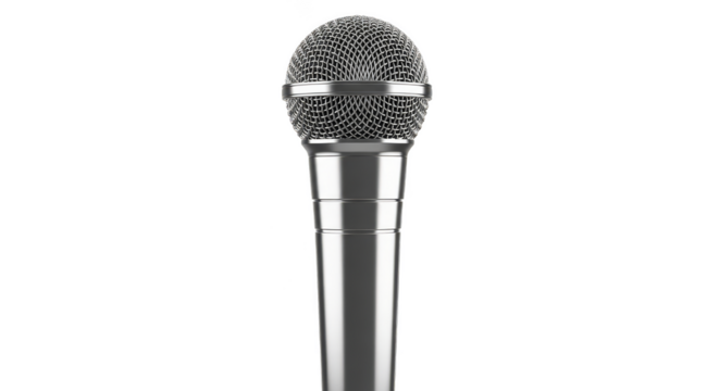 Gleaming silver microphone silhouetted against darkness - Powered by Adobe