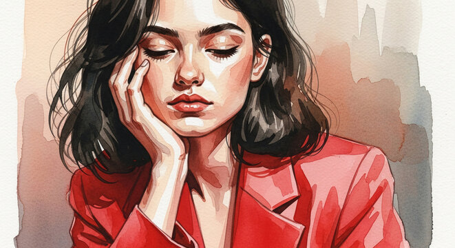 Watercolor portrait of woman with dark hair, wearing red jacket, hand supporting head, pensive expression, evokes moodiness, contemplation, and introspection
