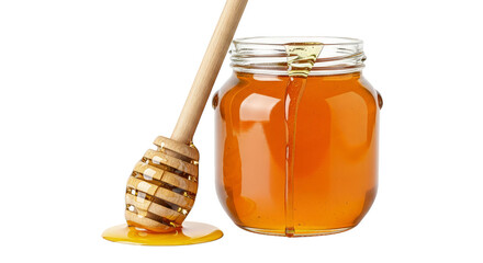 Golden nectar drizzles from honey dipper and jar