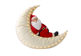 Realistic Santa figure reclining on glowing white crescent moon prop, isolated on a transparent background