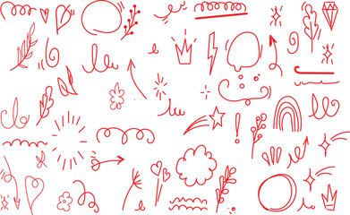  collection of hand-drawn red doodle elements, including various symbols and decorative lines. sketch underline abstract vector illustration 