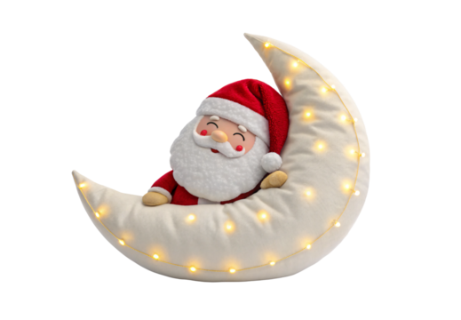 Cheerful Santa Claus character resting on lit crescent moon cushion, isolated on a transparent background