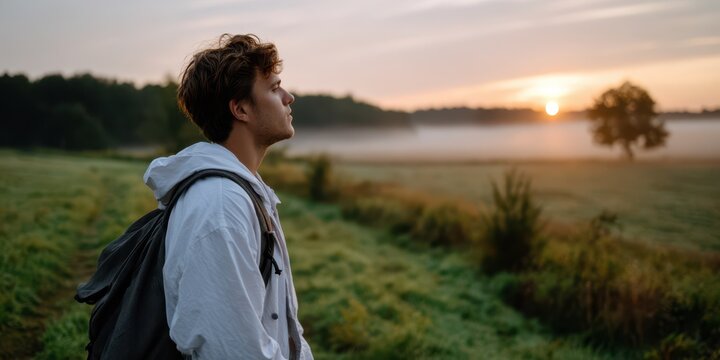 Young man with backpack standing on grassy path watching sunrise over misty field with soft morning light and peaceful countryside atmosphere - Powered by Adobe