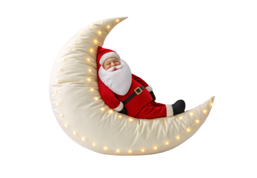 Realistic Santa figure reclining on glowing white crescent moon prop, isolated on a transparent background