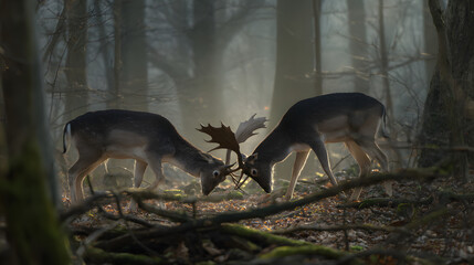 dominance. Two male deer with locked antlers in a misty forest. wildlife magazines, conservation campaigns, designed for wildlife conservation campaigns, promotes animal welfare.
