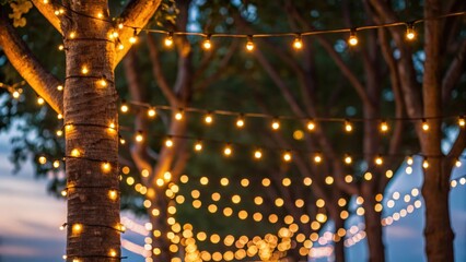 Warm string lights glowing on tree branches with a cinematic bokeh background creating a cozy outdoor evening scene