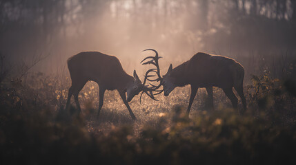 dominance. Two male deer with locked antlers in a misty forest. wildlife magazines, conservation campaigns, designed for wildlife conservation campaigns, promotes animal welfare.