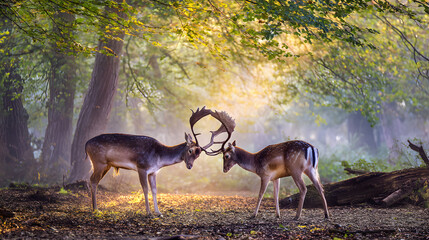dominance. Two male deer with locked antlers in a misty forest. wildlife magazines, conservation campaigns, designed for wildlife conservation campaigns, promotes animal welfare.