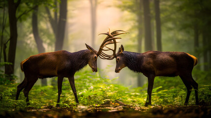 dominance. Two male deer with locked antlers in a misty forest. wildlife magazines, conservation campaigns, designed for wildlife conservation campaigns, promotes animal welfare.