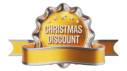 Festive christmas discount badge with golden ribbon and ornate silver border isolated on transparent background