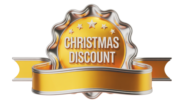 Festive christmas discount badge with golden ribbon and ornate silver border isolated on transparent background
