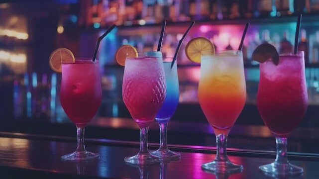 Row of colorful tropical cocktails garnished with citrus slices on a dimly lit bar counter