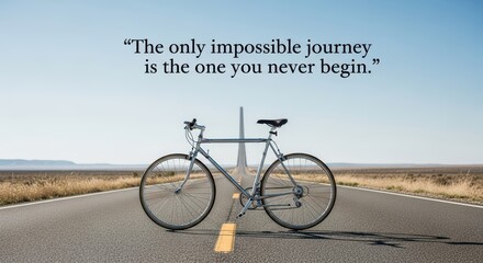 Fototapeta premium Inspirational quote with bicycle on open road and clear blue sky