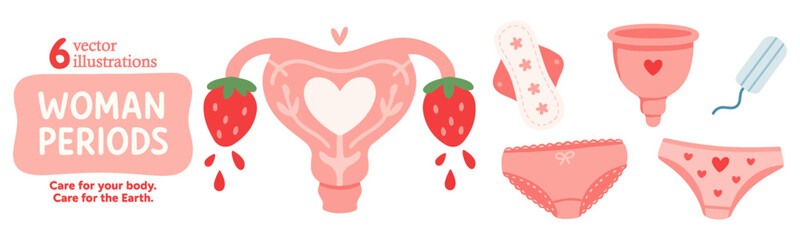 Woman period and feminine hygiene concept set. Uterus, pad, tampon, menstrual cup, panties. Body positive and self-care theme. Flat vector isolated on white background.