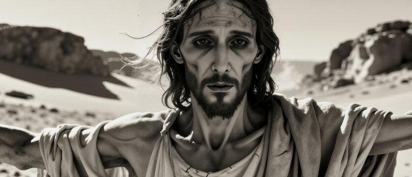 A dramatic portrait of a gaunt Jesus Christ suffering in the desert. Biblical depiction of the temptation and fasting in the wilderness. A powerful image of faith and endurance