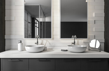 Contemporary bathroom interior with two vessel sinks, large mirrors, and minimal decor, in a stylish 3D Rendering on a neutral background