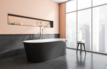 Modern bathroom interior with a large freestanding bathtub, minimalist design style, soft peach and gray tiled background. Concept of luxury relaxation. 3D Rendering