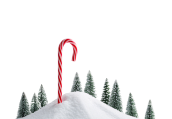 Red white candy cane standing in snow with miniature trees, isolated on a transparent background