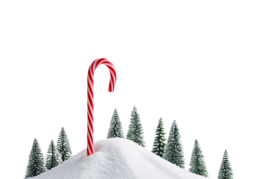 Red white candy cane standing in snow with miniature trees, isolated on a transparent background