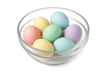 Pastel easter eggs filling glass bowl, transparent background