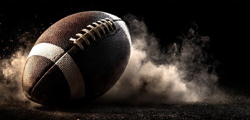 An American football with laces in motion on a dark background, with a cloud of dust billowing around it