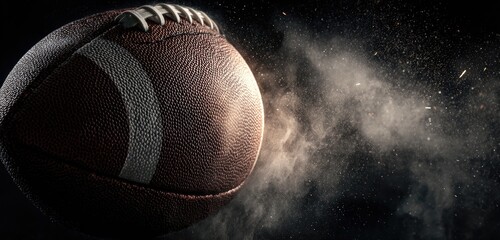 A close-up of a brown and white stitched, leather ball in mid-air, with dust-like particles