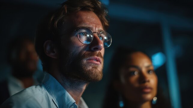 Focused man wearing glasses looking at screen in dimly lit office beside colleague, representing teamwork, problem solving, and concentration in a modern technology workspace - Powered by Adobe