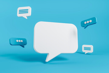 Blank white 3D chat bubble surrounded by smaller blue message icons, floating on a bright blue background. Concept of communication and design template. 3D Rendering