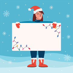 Young girl holds a large rectangular white poster. The illustration has a blank space for text.