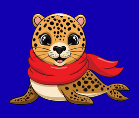 Adorable Smiling Cheetah Cub Cartoon Wearing Bright Red Scarf Ready for Winter Adventures and Cozy Celebrations