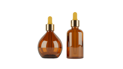 Two amber glass dropper bottles isolated on transparent background