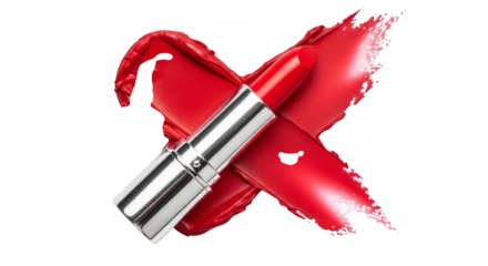 Scarlet lipstick resting on smeared pigment