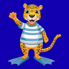 Adorable Cartoon Leopard Character Waving Hello While Wearing a Blue and White Striped Sailor Shirt Ready for a Fun Beach Day