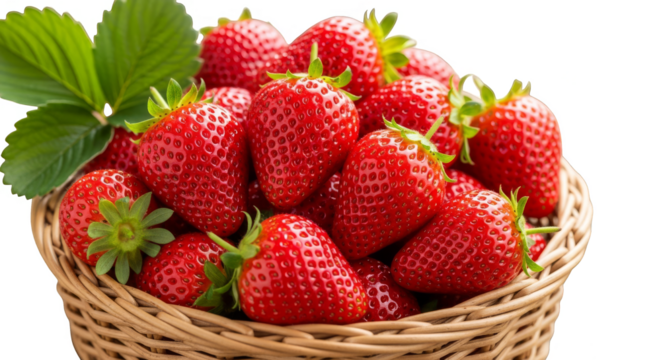 Ripe strawberries fill woven basket inviting treat