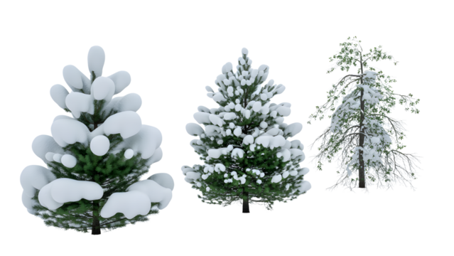 Set of Three snowcovered evergreen trees isolated on transparent background - Powered by Adobe