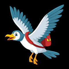 Focused Puffin or Seagull Bird Gliding Downwards with a Small Red Backpack on its Back Against a Dark Background