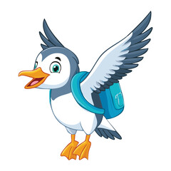 Cheerful Marine Bird Puffin or Seagull Flying with Blue Backpack and Wings Fully Extended on a White Background