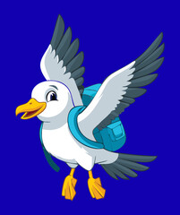 Cartoon Seagull or Puffin Bird Flying with Open Wings Wearing a Blue Backpack Ready for Travel and Adventure