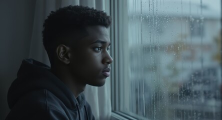 Young man sitting indoors wearing dark hoodie gazing out rainy window with soft light and water droplets creating calm reflective mood