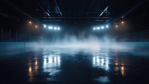 Empty ice arena under dramatic lighting, fog rising from the glossy surface. Perspective shot