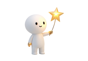 Cheerful white character waving golden star wand upward, isolated on a transparent background