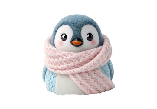 Adorable baby penguin wearing cozy pink knitted scarf, isolated on a transparent background