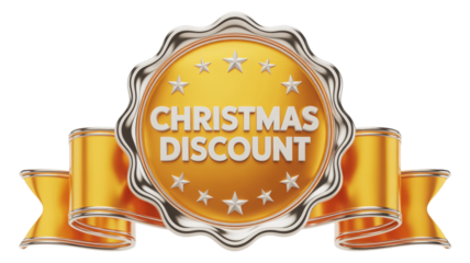 Golden oval badge with christmas discount text and decorative ribbons isolated on transparent background