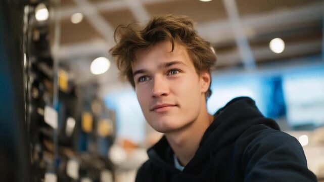 Tech enthusiast examining mining rig setups in a retail environment filled with graphics card brands and digital price tags, emotion of enthusiasm and focus visible, representing the intersection