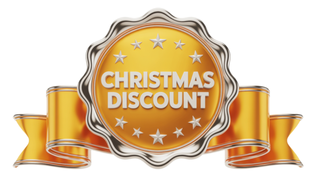 Golden oval badge with christmas discount text and decorative ribbons isolated on transparent background
