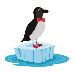 Tiny Cute Penguin Chick with a Red Bow Tie Standing on a Miniature Floating Piece of Arctic Ice